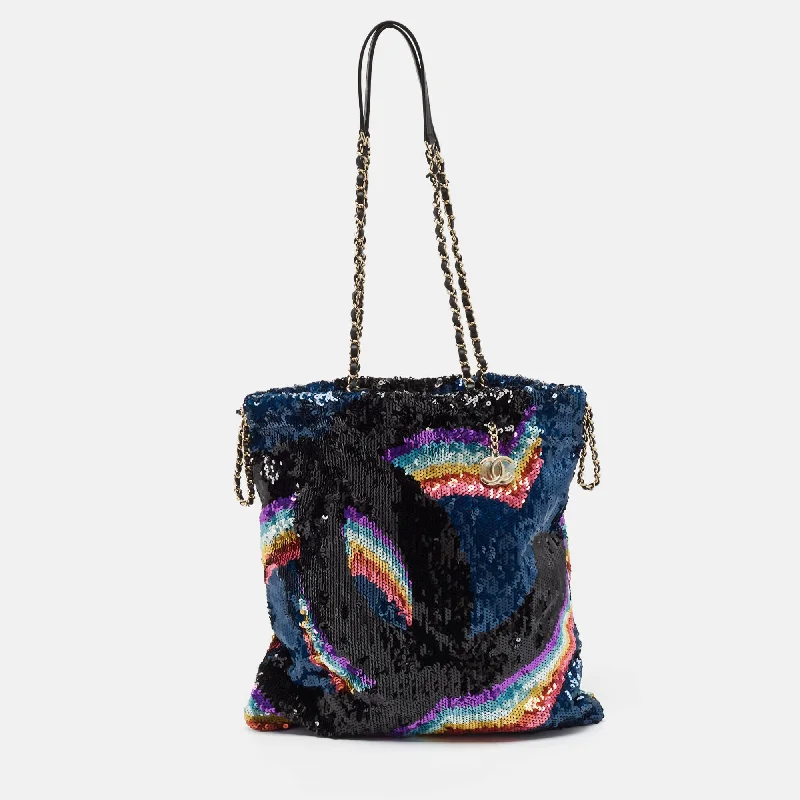 Handle bags with structured shapes for class -Chanel Multicolor Sequins Cc Drawstring Chain Tote