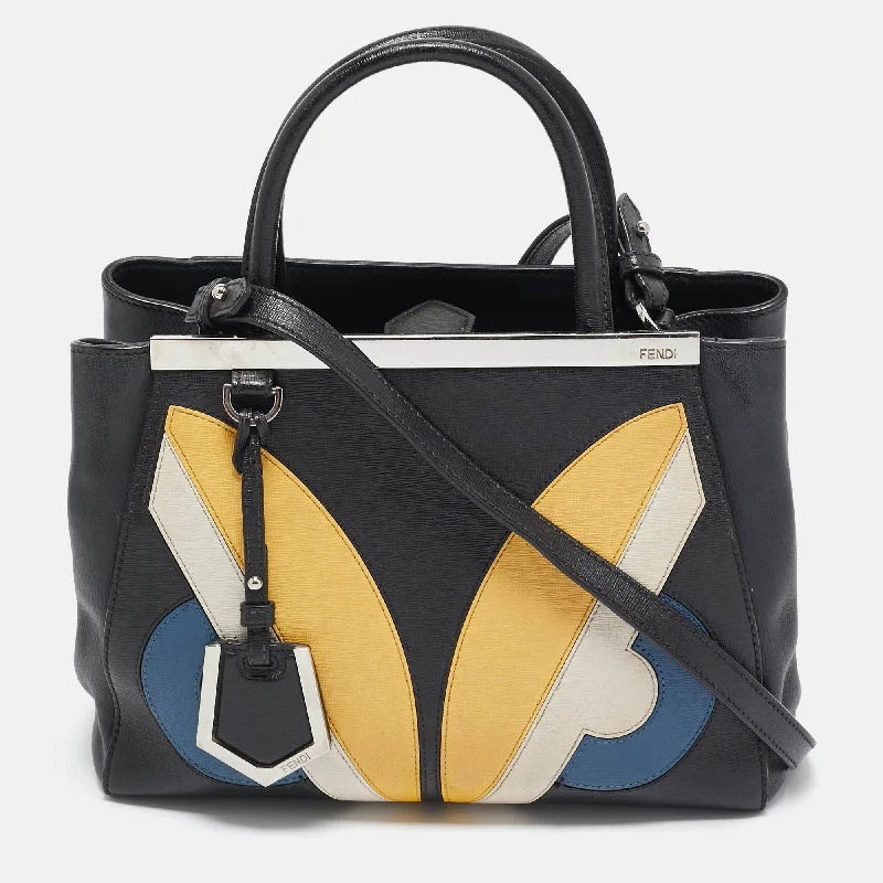 Handle bags with subtle embroidery for detail -Fendi Black Leather Monster Petite Sac 2Jours Tote