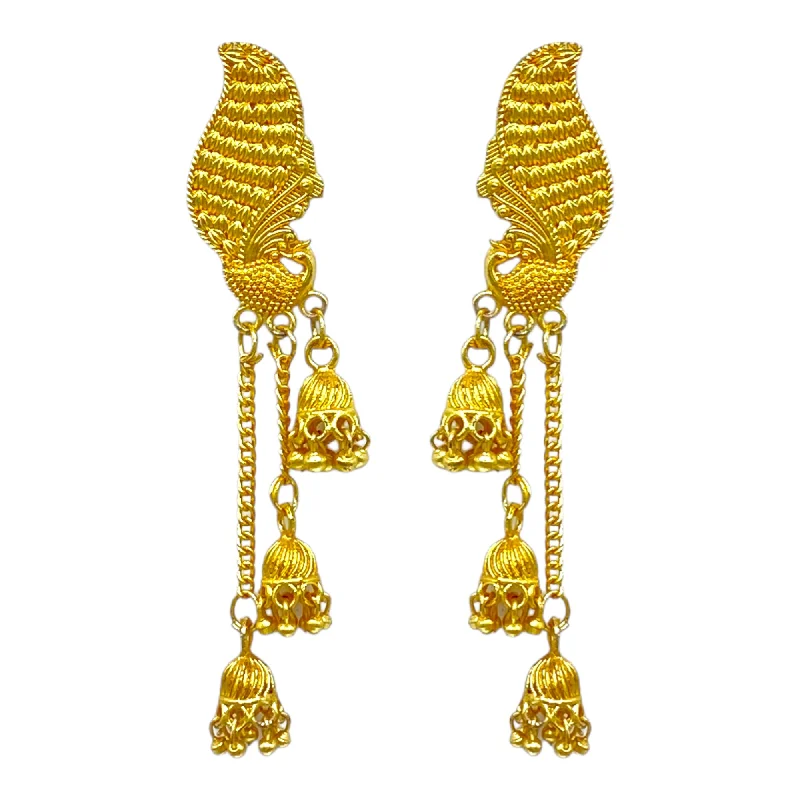 Drop Earrings for Party Look -Elegant Peacock Studded Gold Earrings with Dangling layerd chain