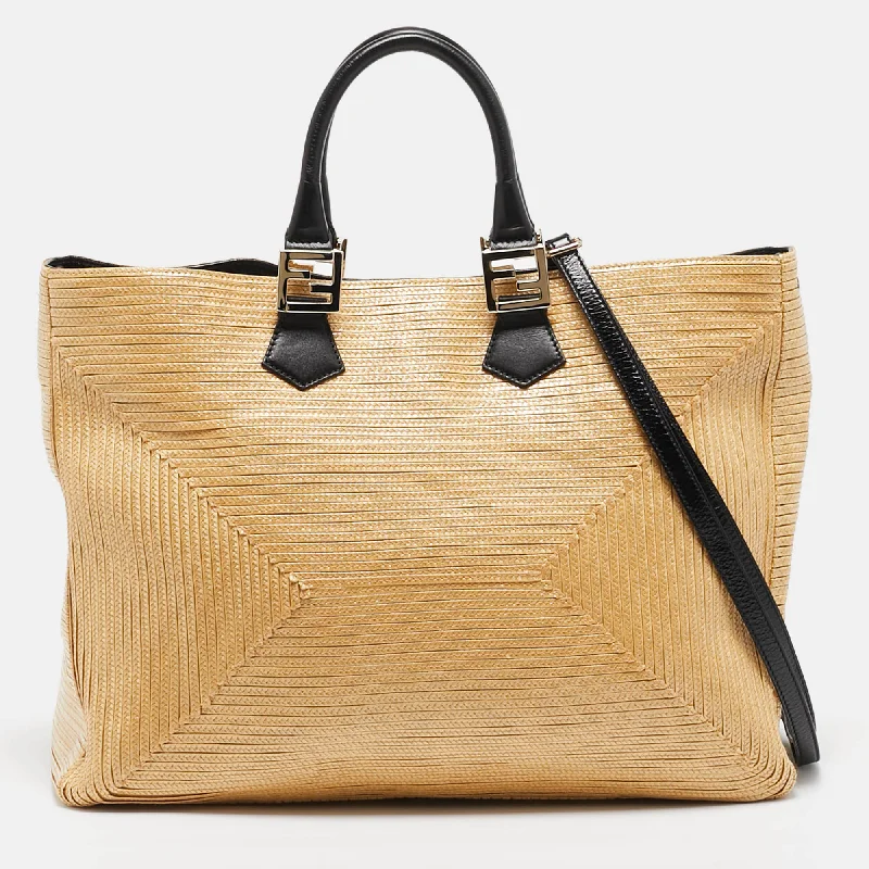 Handle bags with sleek black for elegance -Fendi Natural/black Woven Straw Twins Shopper Tote