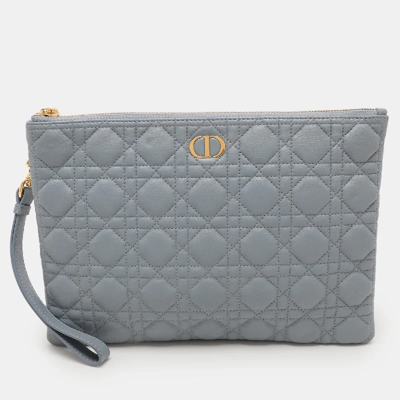 Handle bags with reinforced stitching for durability -Dior Dust Blue Quilted Leather Caro Wristlet Clutch