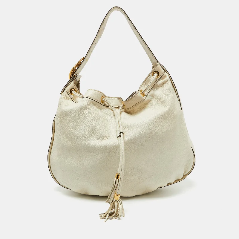 Handle bags with sturdy leather grip accents -Gucci Cream Leather Interlocking Icon Tassel Hobo