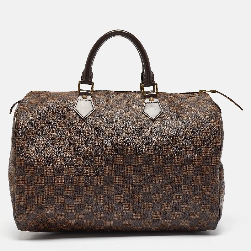 Handle bags with elegant gold-tone hardware -Louis Vuitton Damier Ebene Canvas Speedy 35 Bag