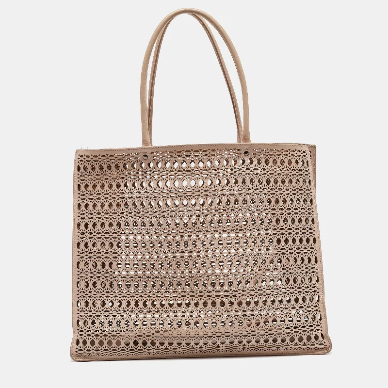 Handle bags with laptop sleeves for work -Alaia Beige Lasercut Leather Open Tote