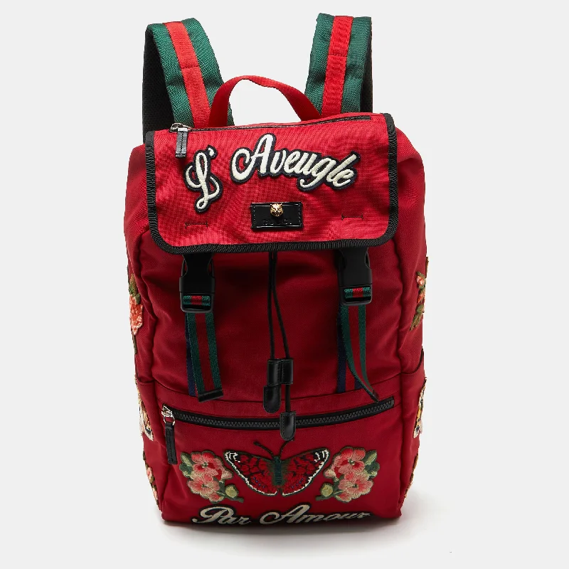 Handle bags with holiday themes for festivities -Gucci Red Canvas L'aveugle Par Amour Embroidered Techno Backpack