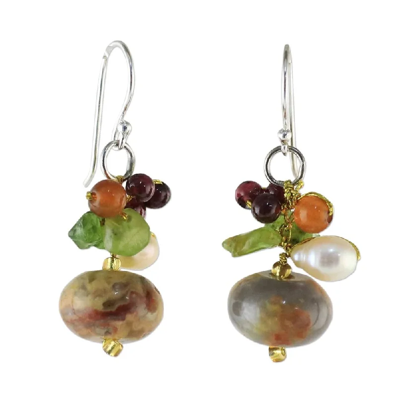 Drop Earrings with Crown Designs -Jasper and Cultured Pearl Dangle Earrings, 'Exotic Cluster' - 1.4*0.6