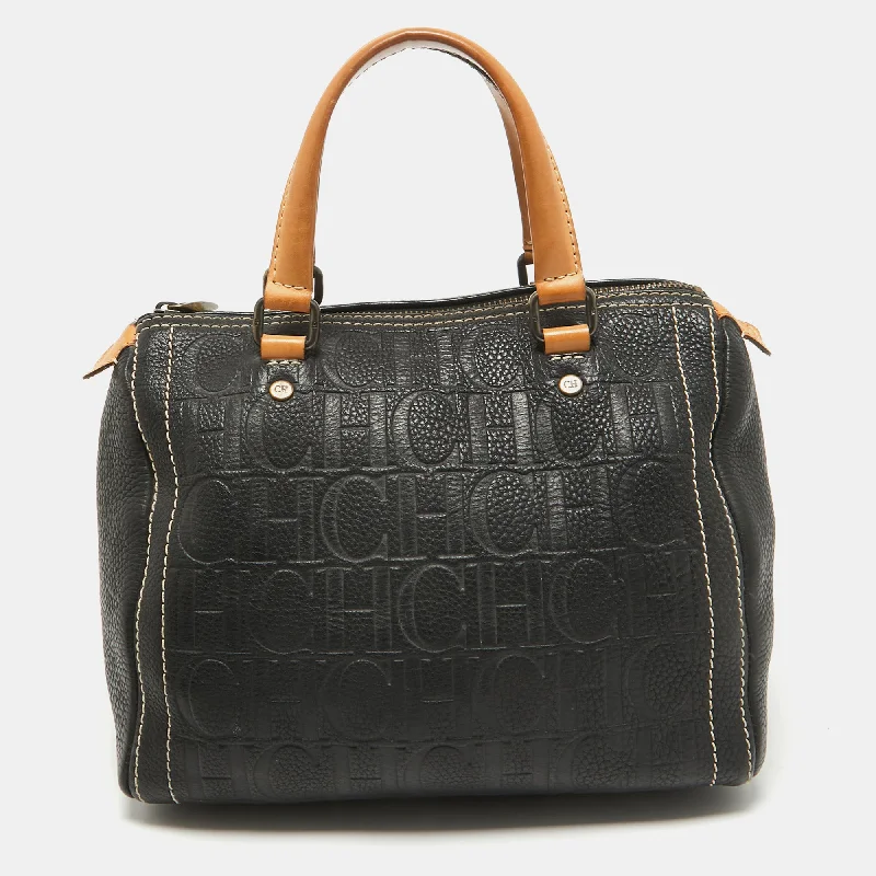 Handle bags with vintage clasps for nostalgia -Carolina Herrera Black/beige Monogram Embossed Leather Andy Boston Bag