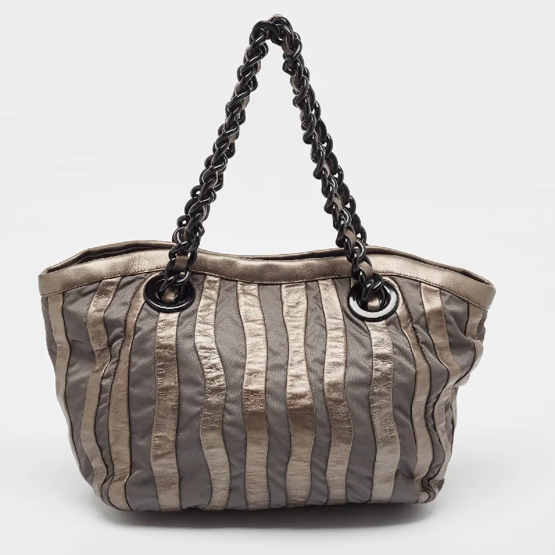 Handle bags with wide openings for access -Prada Grey Leather And Nylon Mordore Stripe Tote