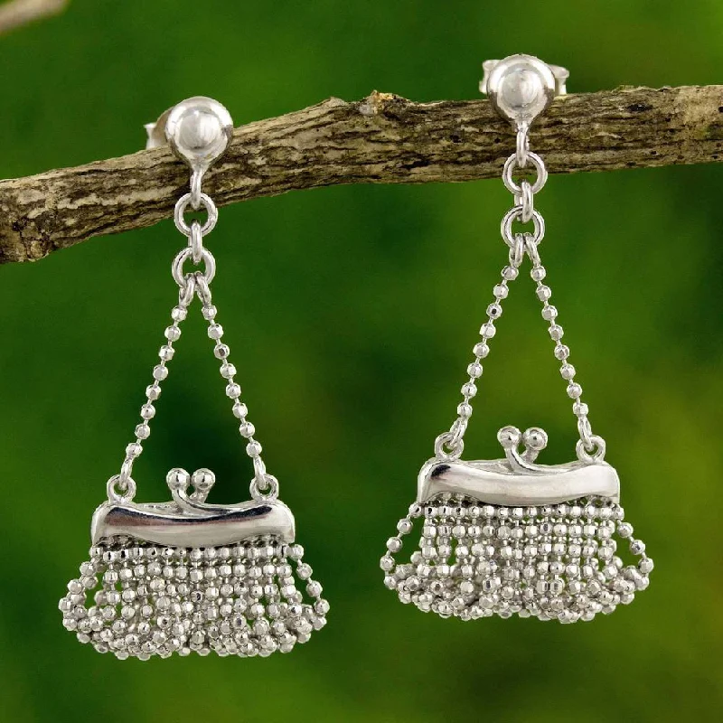 Gemstone and Diamond Drop Earrings for Opulence -Handmade Sterling Silver 'Pretty Purse' Earrings (Thailand) - 1.4L*0.7W