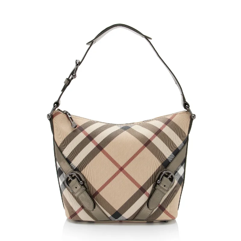 Reversible handle bags offering dual design styles -Burberry Metallic Patent Leather Nova Check Buckle Hobo