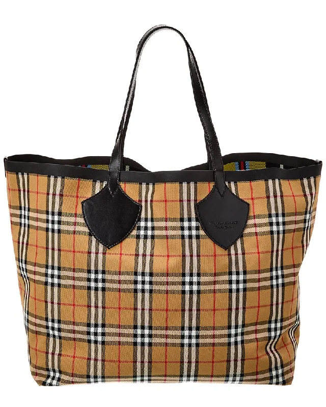 Handle bags with bright neons for visibility -Burberry Giant Reversible Vintage Check & Leather Tote (Authentic Pre-Owned)