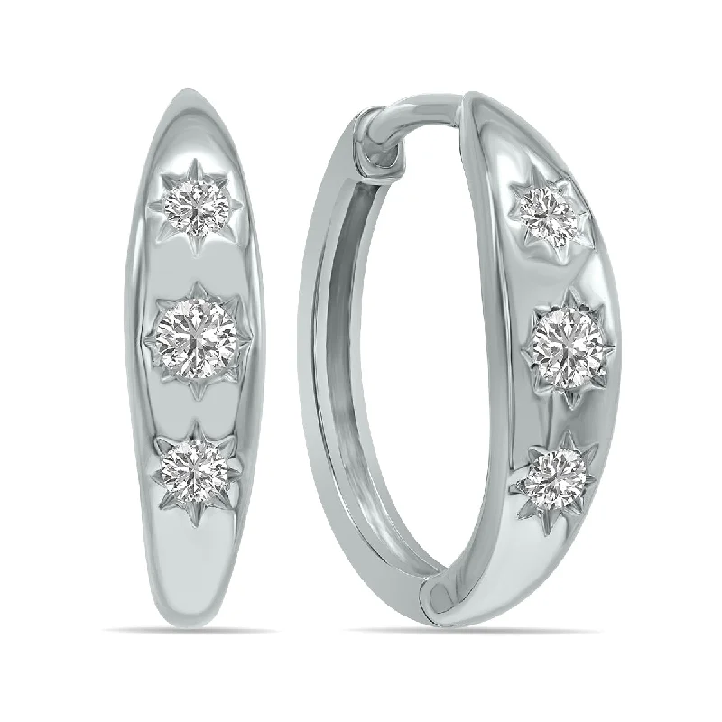 Waterproof Drop Earrings for Outdoor -1/5 Ctw Three Stone Lab Grown Diamond Huggies Hoop Earrings In 10K White Gold