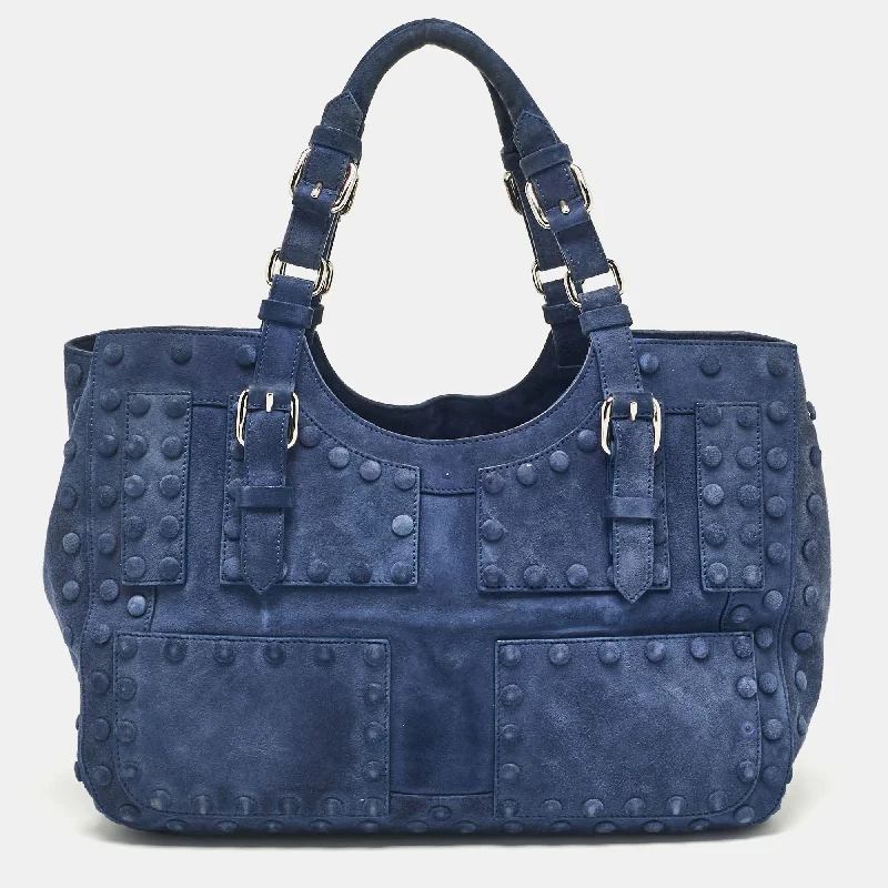 Handle bags with compact designs for portability -Roberto Cavalli Blue Suede Pebble Studded Tote