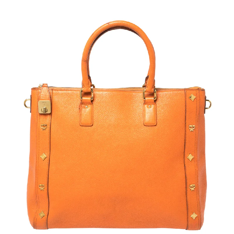 Handle bags with bold text for statements -Mcm Orange Textured Leather Large Tote