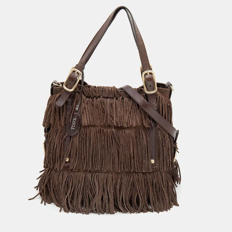 Handle bags with playful patterns for fun -Tod's Brown Suede And Leather G-Line Frange Media Tote