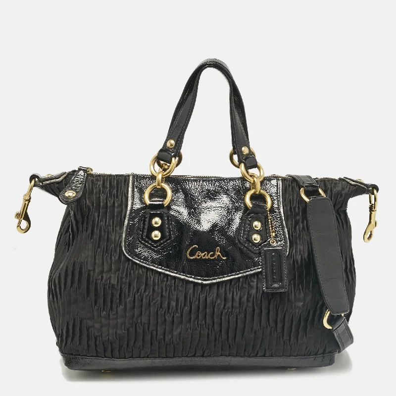 Durable handle bags for heavy-duty everyday use -Coach Black Satin And Patent Leather Ashley Tote