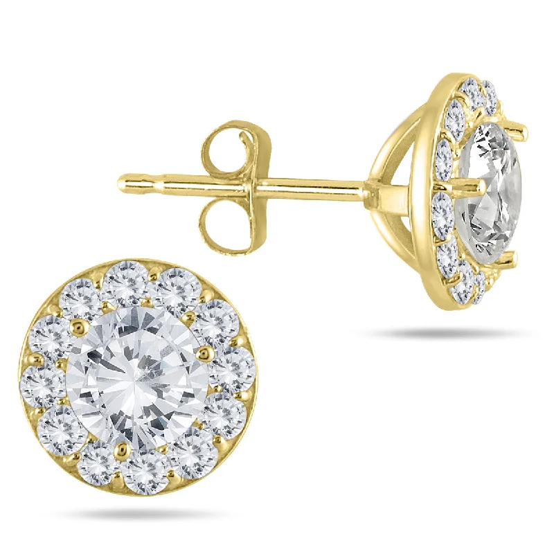 Drop Earrings with Crown Designs -1 Ctw Natural Diamond Halo Earrings In 14K Yellow Gold