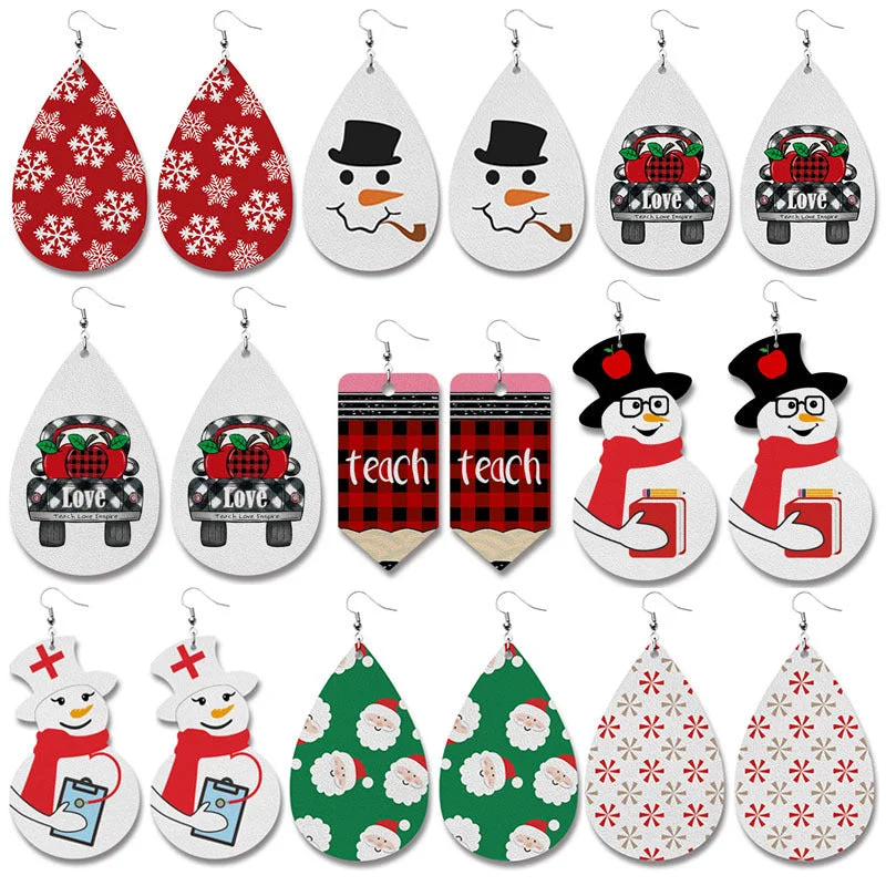 Oval Drop Earrings for Grace -Wholesale 2 pairs/pack Christmas Elements Doctor Nurse Snowman Pencil Teacher Gift PU Leather Print Earrings