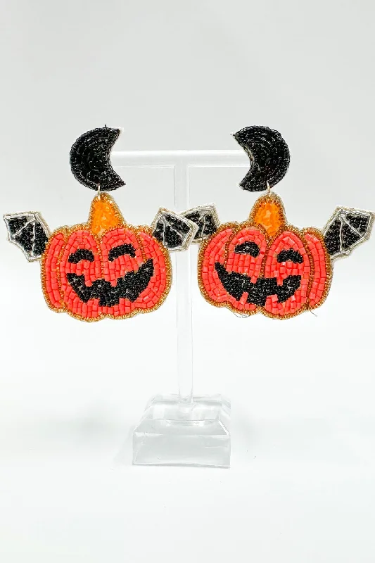 Drop Earrings with Textured Surface -All Hallows Eve Winged Jack O'Lantern Beaded Earrings - FINAL SALE