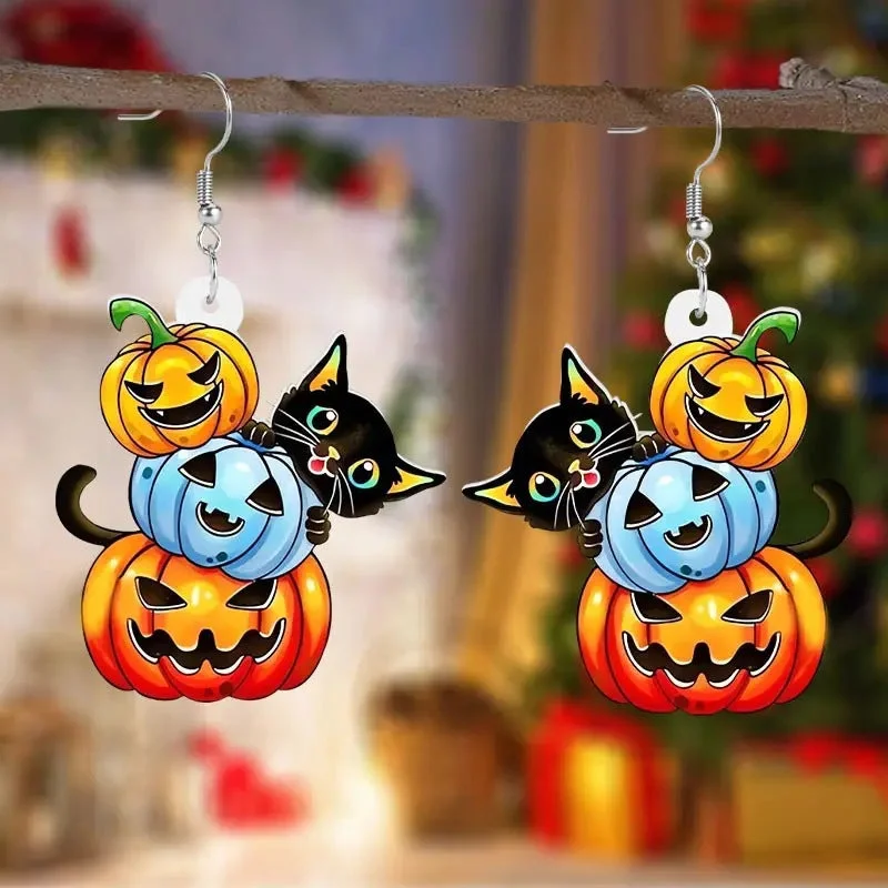 Clip On Drop Earrings for Non Pierced -Wholesale Black Cat Pumpkin Halloween Earrings