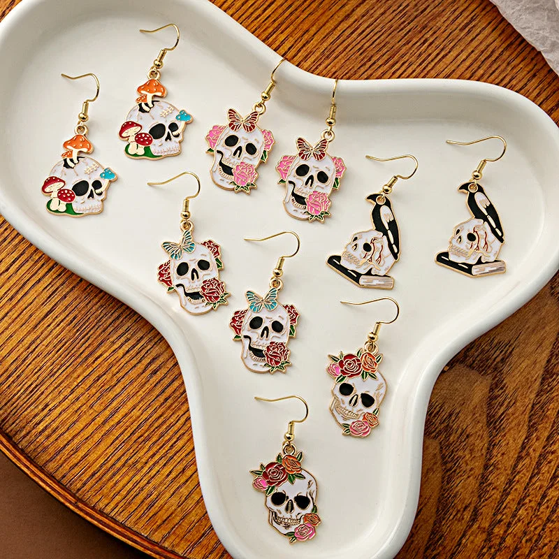 Drop Earrings for Office Wear -Wholesale Halloween Rose Skull Funny Crow Butterfly Drop Earrings