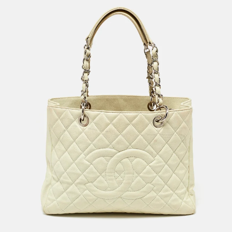 Handle bags with monogram designs for personalization -Chanel Cream Quilted Caviar Leather Cc Gst Tote