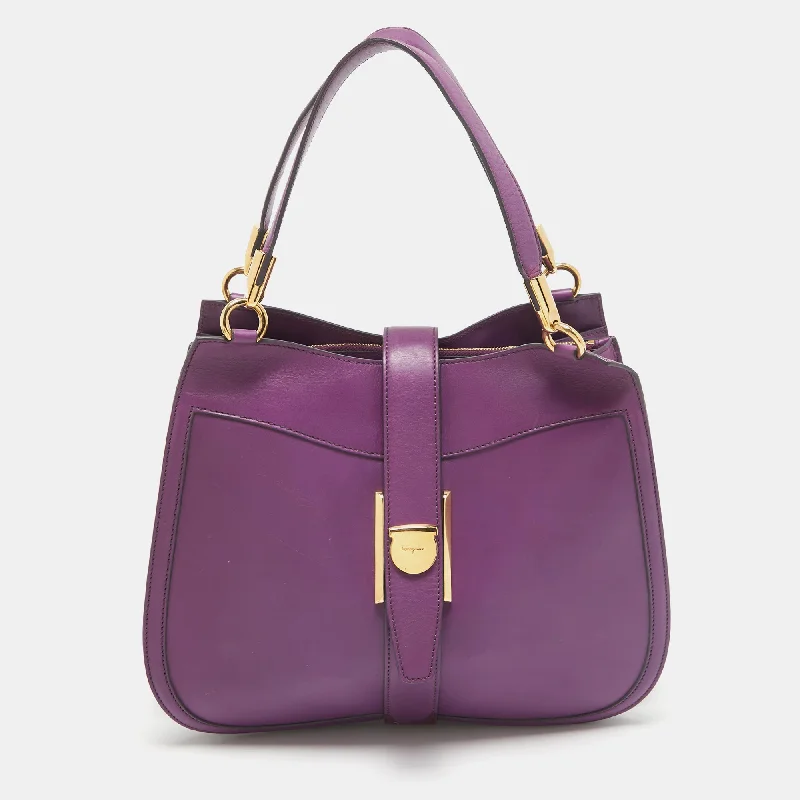 Handle bags with metallic finishes for shine -Salvatore Ferragamo Purple Leather Enny Hobo