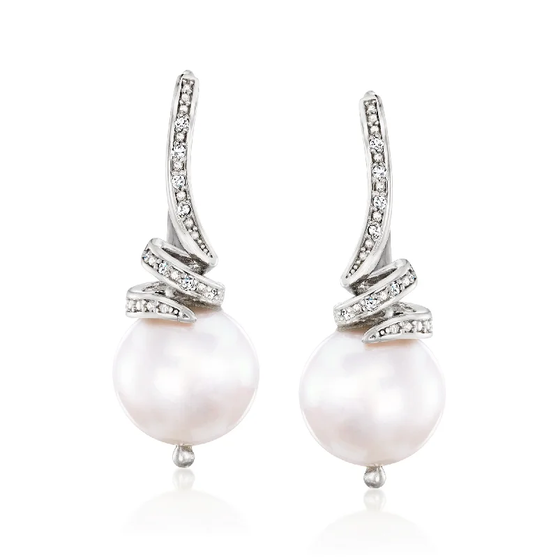 Drop Earrings with Debossed Designs -Ross-Simons 10.5-11mm Cultured Pearl and . Diamond Drop Earrings in Sterling Silver