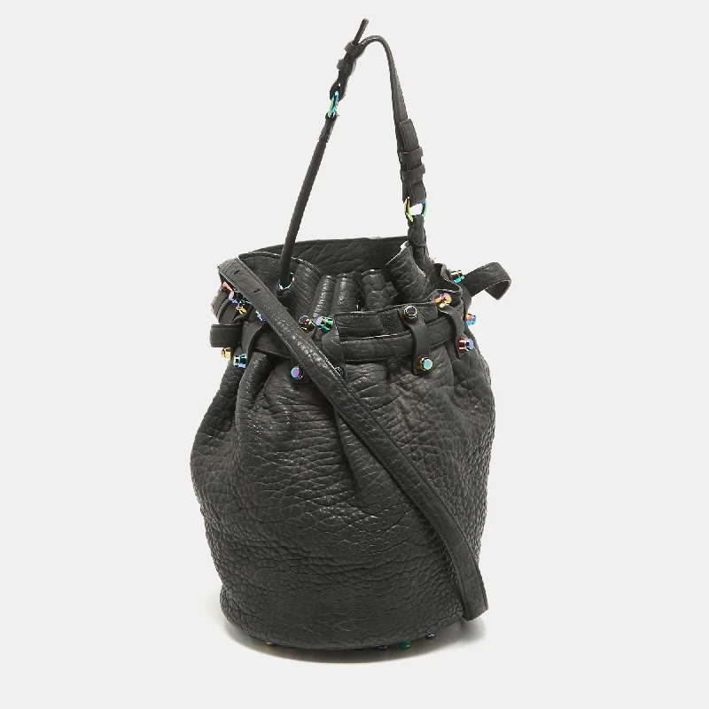 Handle bags with lightweight fabric for ease -Alexander Wang Black Pebbled Leather Diego Bucket Bag