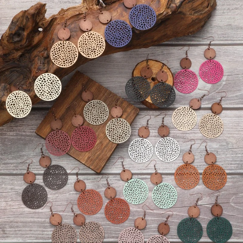 Lead Free Drop Earrings for Health -Wholesale Hollow Wood Piece Combination Leather Round Mesh Earrings