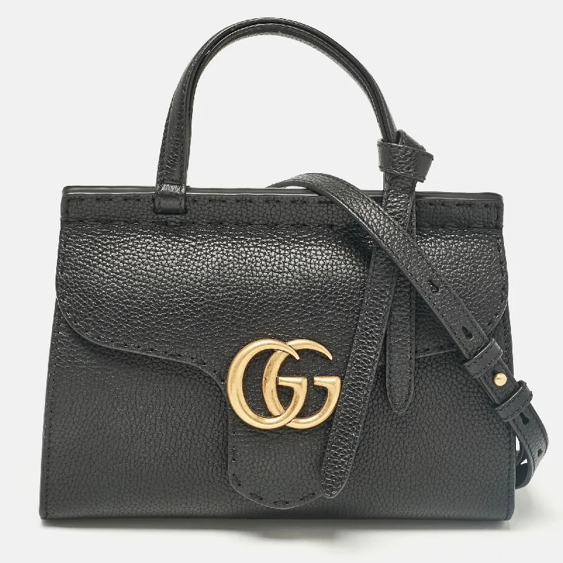 Handle bags with modern logos for branding -Gucci Black Leather Mini Gg Marmont Top Handle Bag