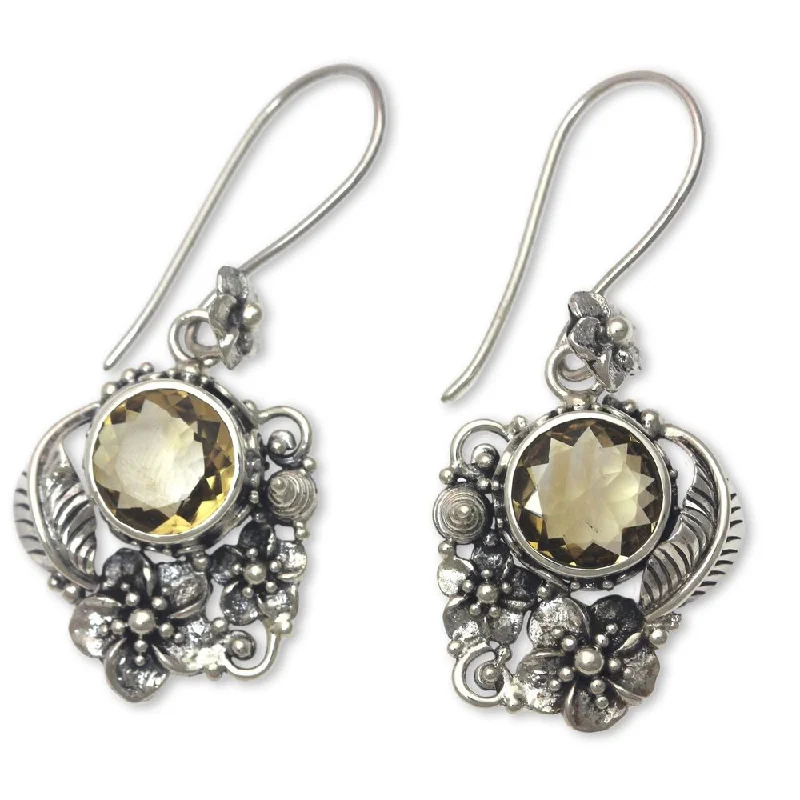 Drop Earrings with Polished Shine -Handmade Sterling Silver Sun Blossoms Citrine Earrings (Indonesia) - 2L*0.8W