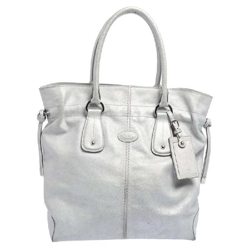 Handle bags with padded straps for comfort -Tod's Silver Leather Restyling D Bag Media Tote