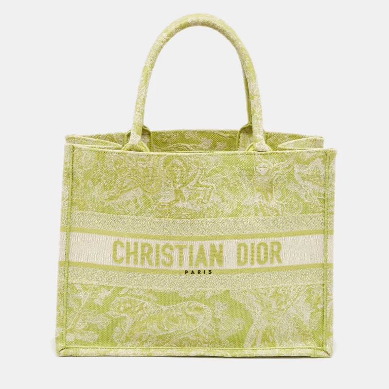 Vegan leather handle bags for eco-friendly chic -Dior Green/white Embroidered Canvas Medium Toile De Jouy Book Tote