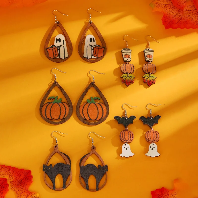 Long Drop Earrings for Dramatic -Wholesale Halloween Black Cat Ghost Pumpkin Spliced Drop Earrings