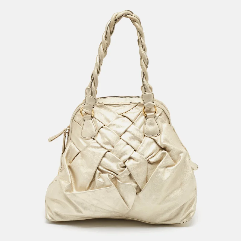 Handle bags with subtle embroidery for detail -Valentino Light Gold Leather Braided Satchel