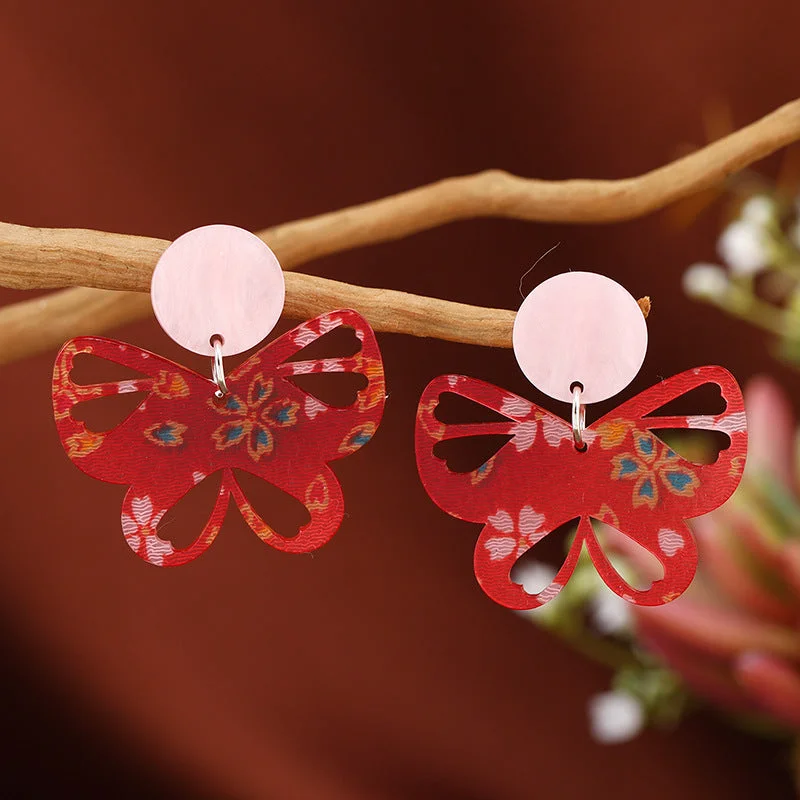 Drop Earrings for Travel Look -Wholesale Women's Red Cutout Acrylic Butterfly Vintage Premium Earrings