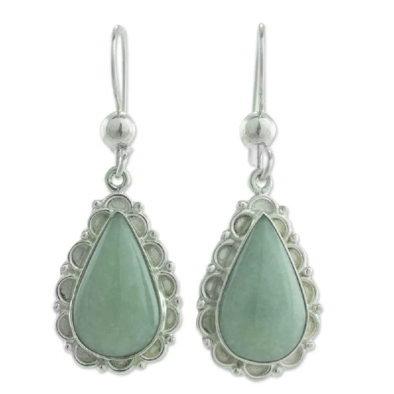 Drop Earrings with Symbolic Elements -Sterling Silver Apple Green Blossoming Dew Jade Earrings (Guatemala)