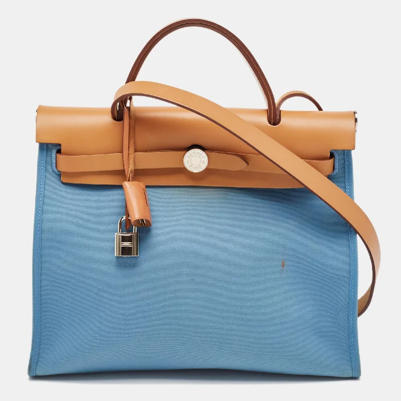 Handle bags with bohemian tassel embellishments -Hermes Bleu Izmir/natural Toile And Vache Hunter Herbag Zip 31 Bag