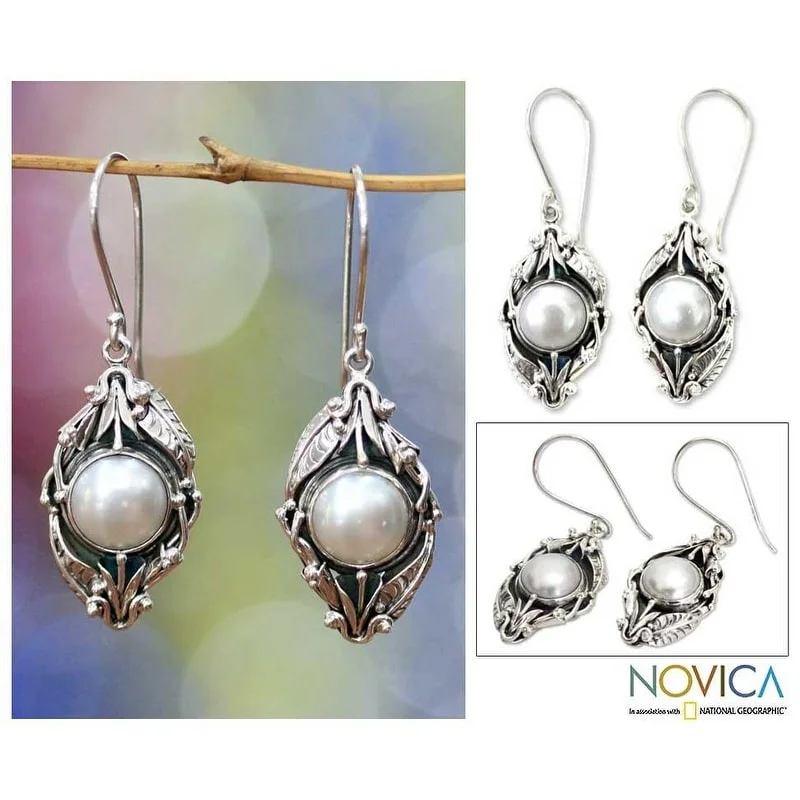 Bohemian Drop Earrings with Tassels -Handmade Sterling Silver 'Nest of Lilies' Pearl Earrings (9 mm) (Indonesia)