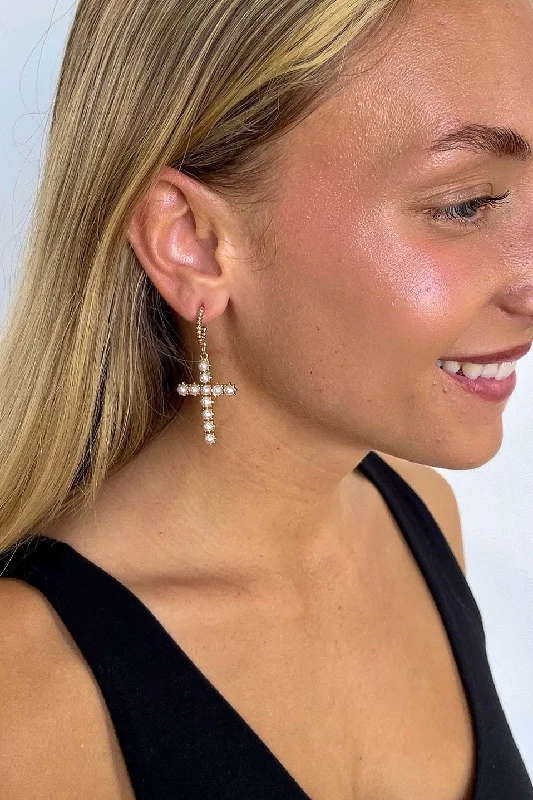 Drop Earrings with Debossed Designs -Glamorous Admiration Pearl Cross Hoop Earrings