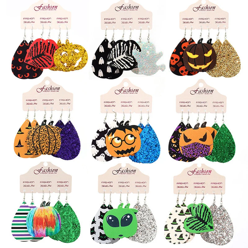 Detachable Drop Earrings with Charms -Wholesale 2set PUHalloween Pumpkin Alien Exaggerated Earrings