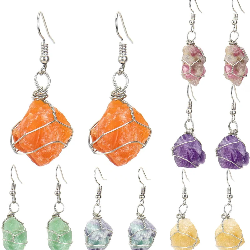 Leverback Drop Earrings for Comfort -Wholesale New Handmade Silver Wound Natural Rough Crystal Agate Tourmaline Earrings