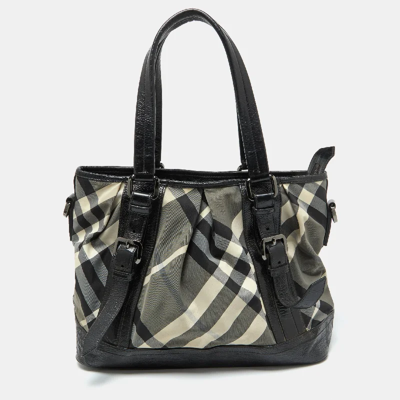 Handle bags with bold checks for trend -Burberry Grey/black Beat Check Nylon And Patent Leather Lowry Tote