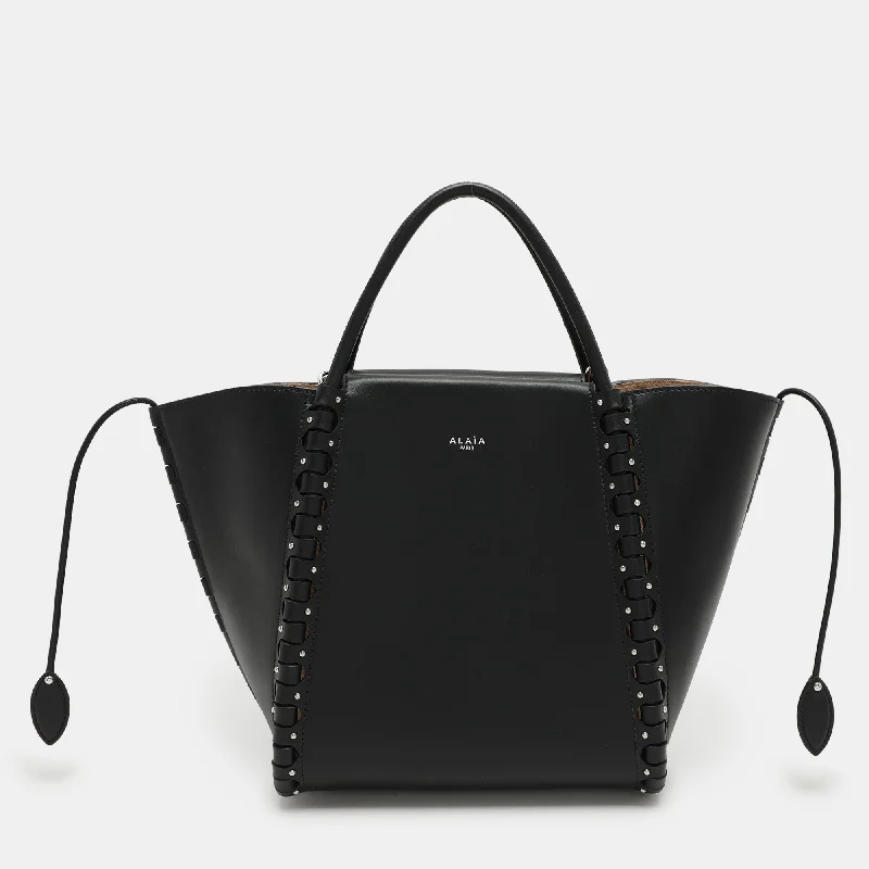 Handle bags with bold logos for branding -Alaia Black Leather Le Hinge Tote