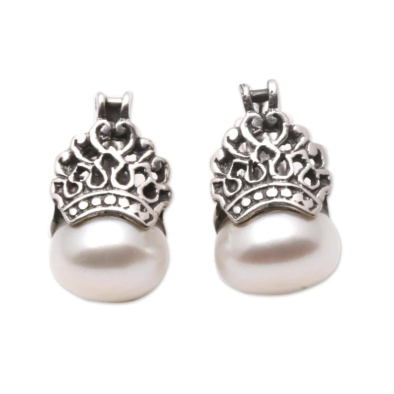 Drop Earrings with Debossed Designs -NOVICA Sukawati Crowns, Cultured pearl drop earrings - 0.6L*0.4W