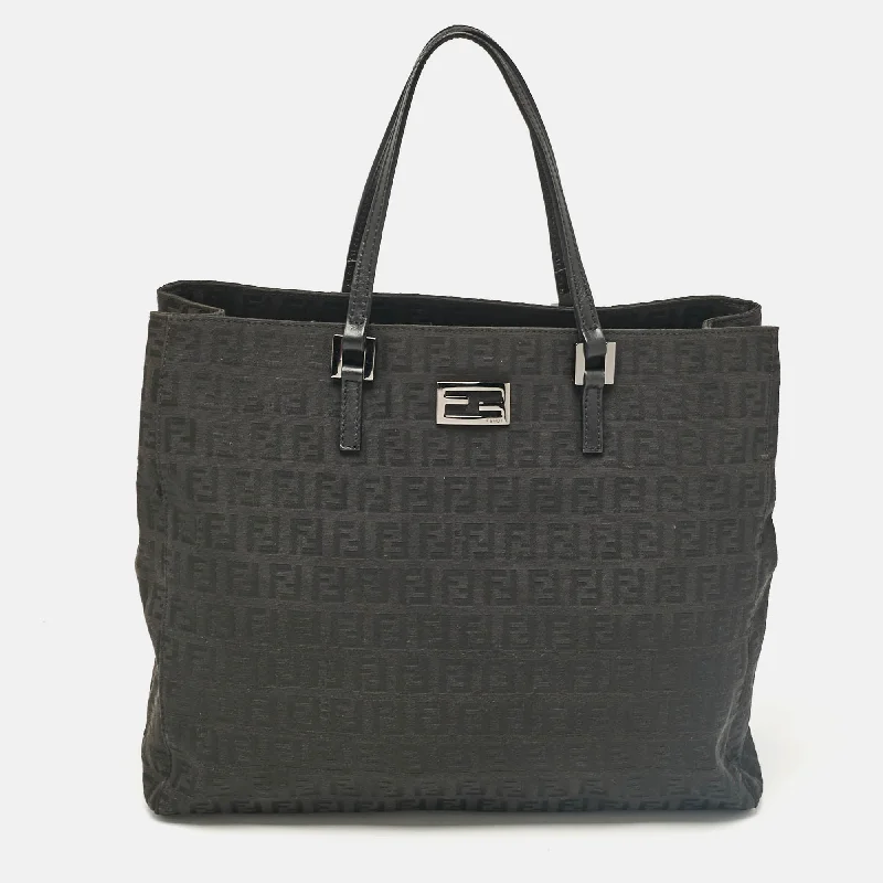 Handle bags with pastel colors for softness -Fendi Black Zucchino Fabric And Leather Tote