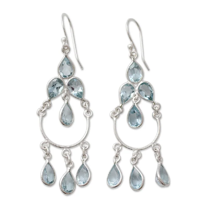 Maximalist Drop Earrings for Bling -Handmade Sterling Silver 'Azure Elegance' Topaz Earrings (India) - 2.6L*0.8W