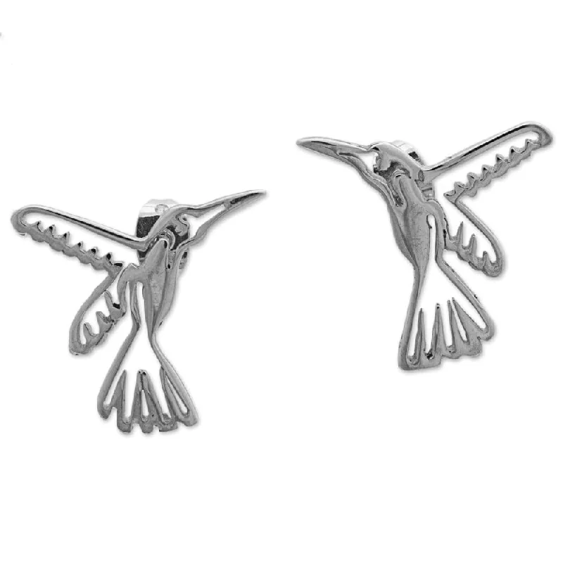 Floral Drop Earrings with Petals -Sterling Silver 'Pair of Hummingbirds' Earrings