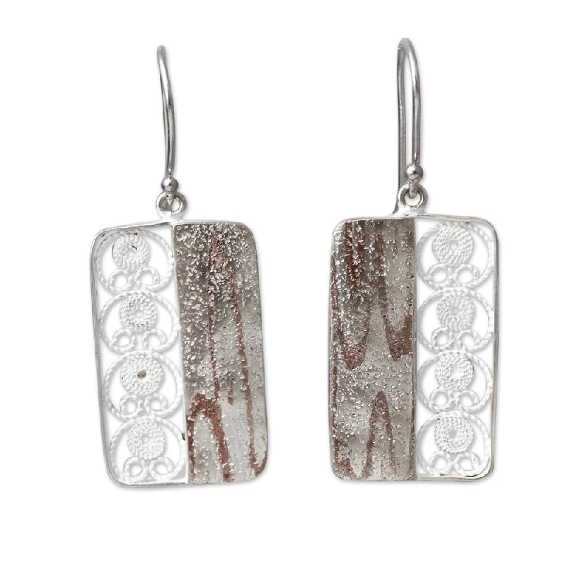 Drop Earrings with Embossed Patterns -Handmade Sterling Silver Copper Accent 'Bold Contrasts' Filigree Earrings (Peru)